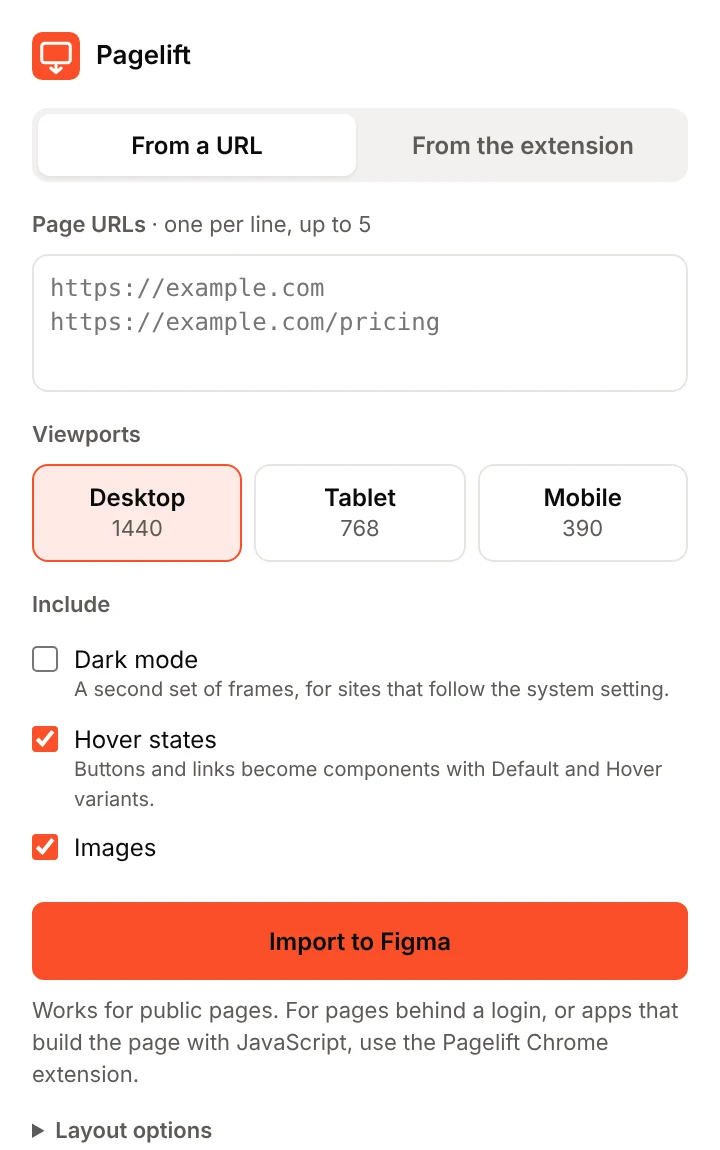 The Pagelift plugin window in Figma, with a URL field, viewport choices and options for dark mode, hover states and images